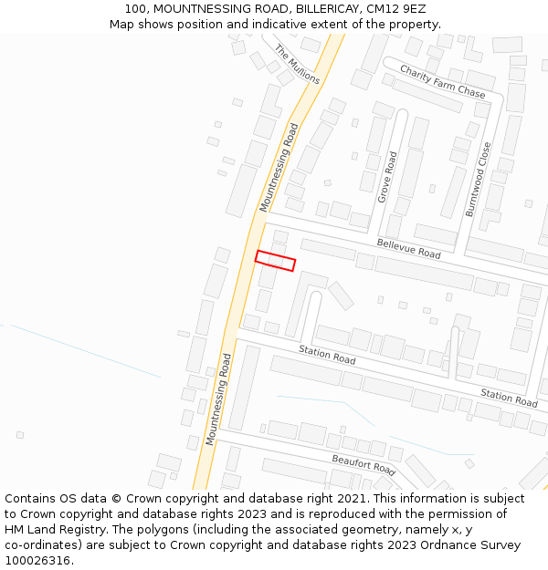 100, MOUNTNESSING ROAD, BILLERICAY, CM12 9EZ: Location map and indicative extent of plot