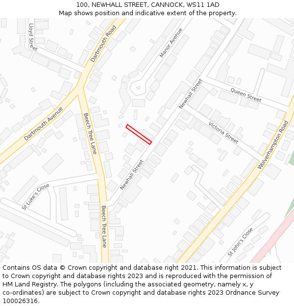100, NEWHALL STREET, CANNOCK, WS11 1AD: Location map and indicative extent of plot