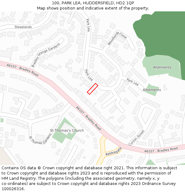 100, PARK LEA, HUDDERSFIELD, HD2 1QP: Location map and indicative extent of plot