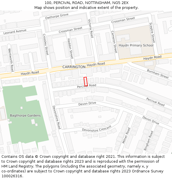 100, PERCIVAL ROAD, NOTTINGHAM, NG5 2EX: Location map and indicative extent of plot