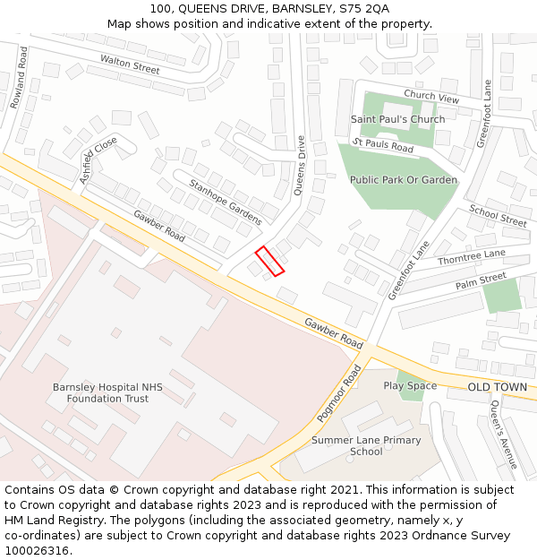 100, QUEENS DRIVE, BARNSLEY, S75 2QA: Location map and indicative extent of plot