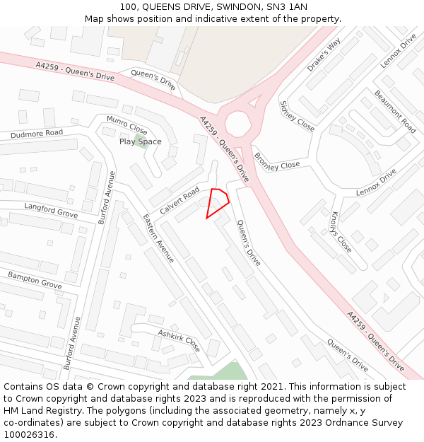100, QUEENS DRIVE, SWINDON, SN3 1AN: Location map and indicative extent of plot