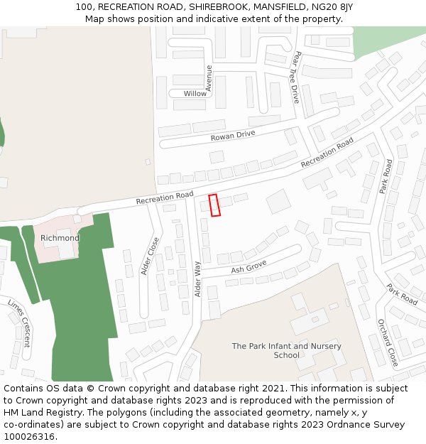 100, RECREATION ROAD, SHIREBROOK, MANSFIELD, NG20 8JY: Location map and indicative extent of plot