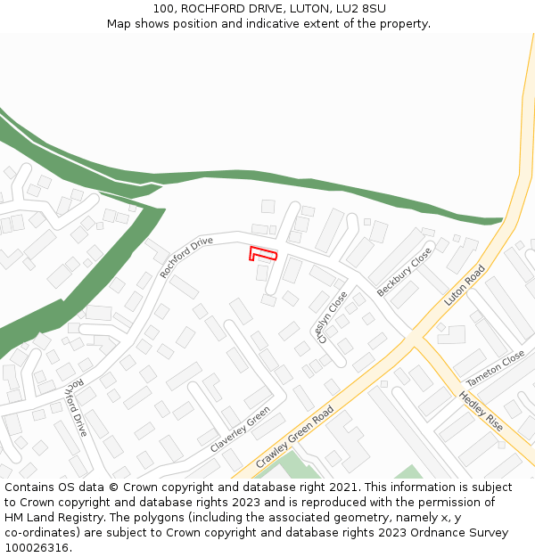 100, ROCHFORD DRIVE, LUTON, LU2 8SU: Location map and indicative extent of plot