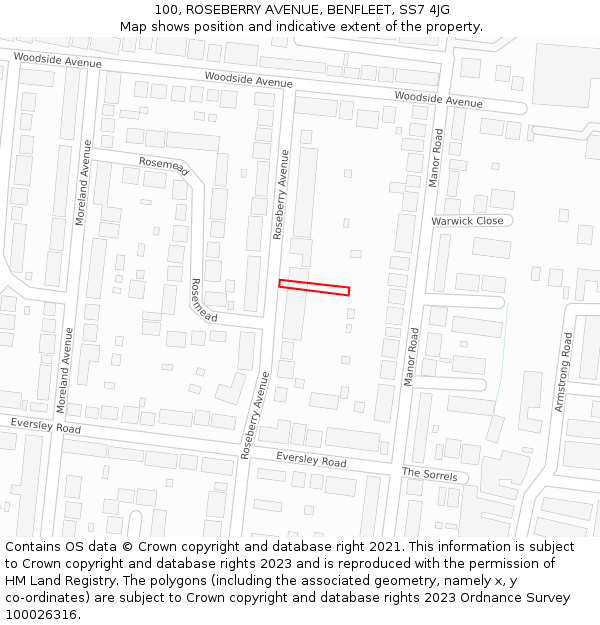 100, ROSEBERRY AVENUE, BENFLEET, SS7 4JG: Location map and indicative extent of plot