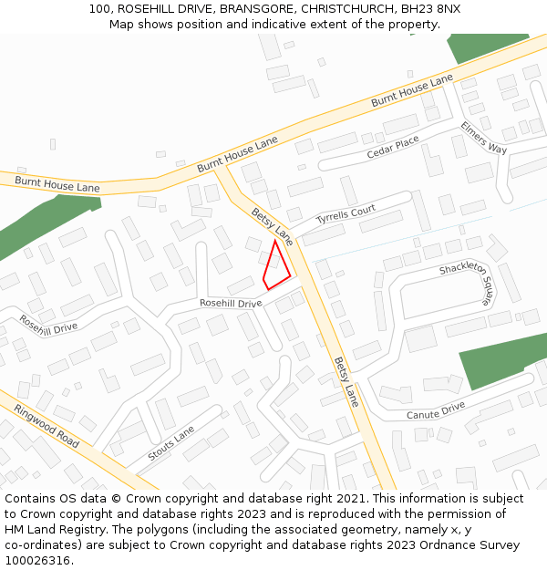 100, ROSEHILL DRIVE, BRANSGORE, CHRISTCHURCH, BH23 8NX: Location map and indicative extent of plot