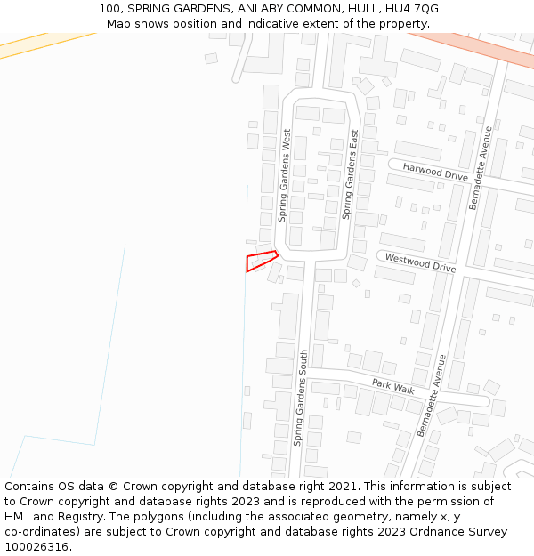 100, SPRING GARDENS, ANLABY COMMON, HULL, HU4 7QG: Location map and indicative extent of plot