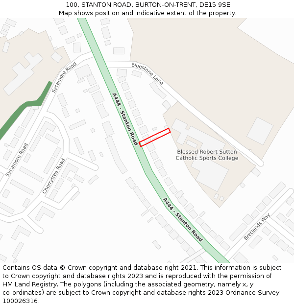 100, STANTON ROAD, BURTON-ON-TRENT, DE15 9SE: Location map and indicative extent of plot