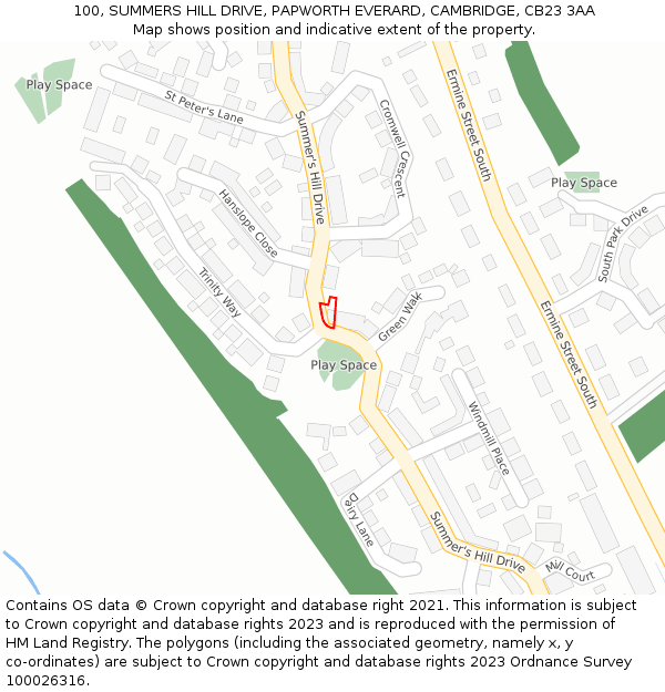 100, SUMMERS HILL DRIVE, PAPWORTH EVERARD, CAMBRIDGE, CB23 3AA: Location map and indicative extent of plot