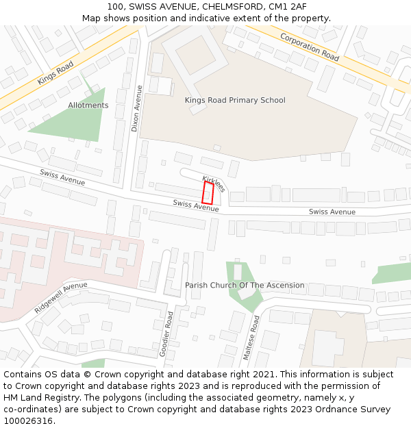 100, SWISS AVENUE, CHELMSFORD, CM1 2AF: Location map and indicative extent of plot