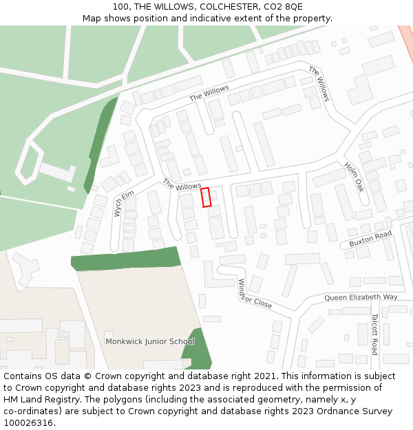 100, THE WILLOWS, COLCHESTER, CO2 8QE: Location map and indicative extent of plot
