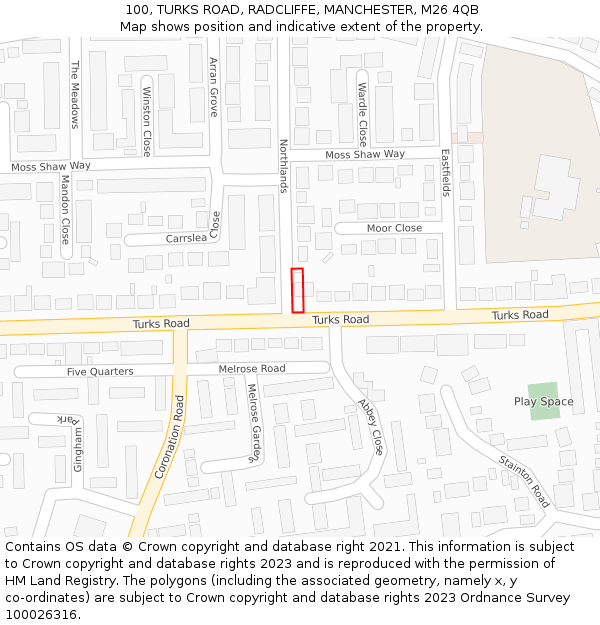 100, TURKS ROAD, RADCLIFFE, MANCHESTER, M26 4QB: Location map and indicative extent of plot