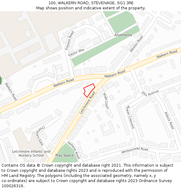 100, WALKERN ROAD, STEVENAGE, SG1 3RE: Location map and indicative extent of plot