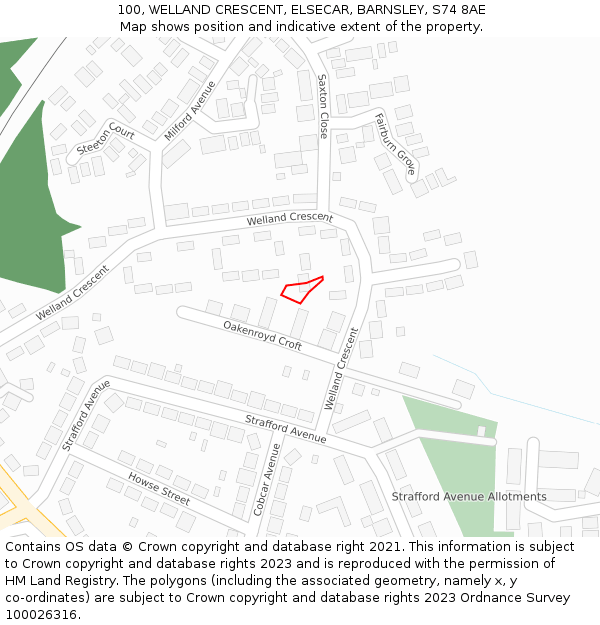 100, WELLAND CRESCENT, ELSECAR, BARNSLEY, S74 8AE: Location map and indicative extent of plot