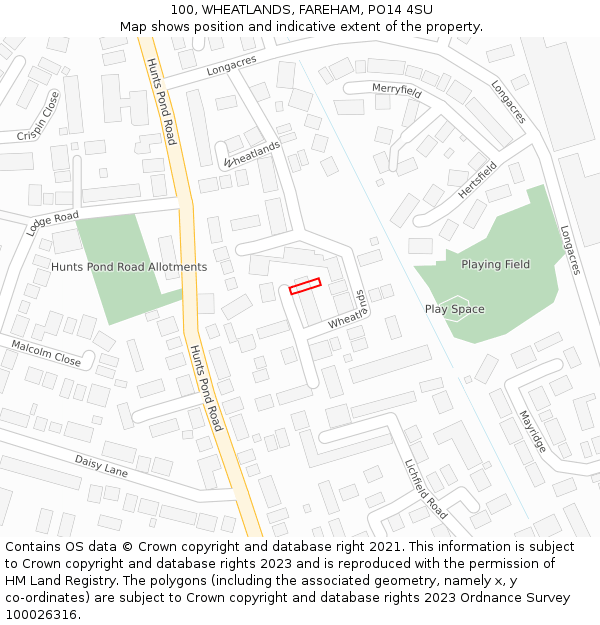 100, WHEATLANDS, FAREHAM, PO14 4SU: Location map and indicative extent of plot