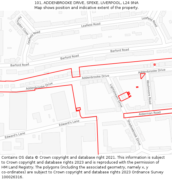 101, ADDENBROOKE DRIVE, SPEKE, LIVERPOOL, L24 9NA: Location map and indicative extent of plot