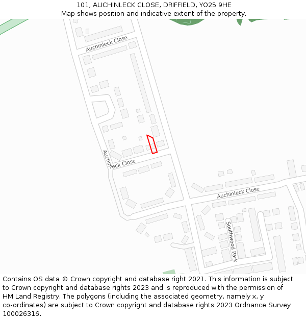 101, AUCHINLECK CLOSE, DRIFFIELD, YO25 9HE: Location map and indicative extent of plot