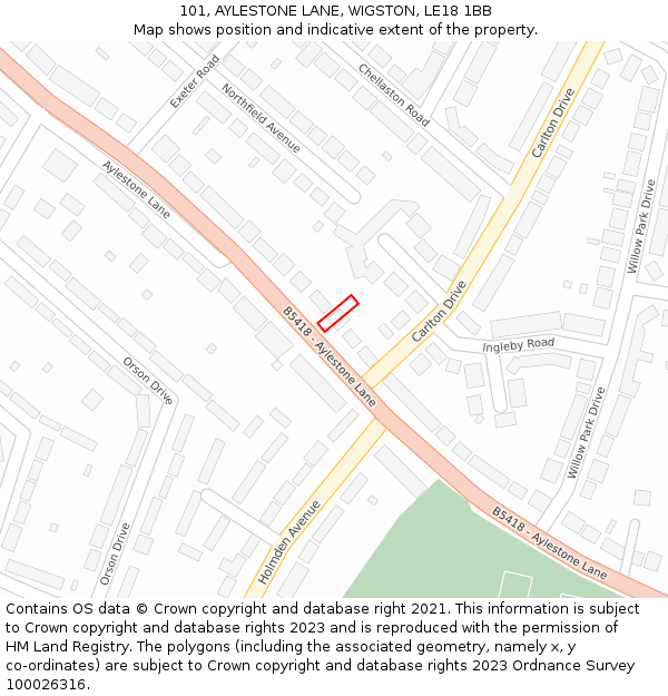 101, AYLESTONE LANE, WIGSTON, LE18 1BB: Location map and indicative extent of plot