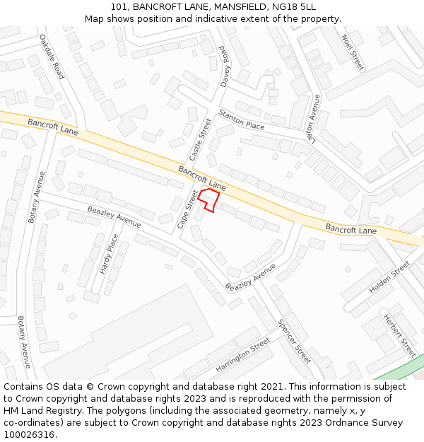 101, BANCROFT LANE, MANSFIELD, NG18 5LL: Location map and indicative extent of plot