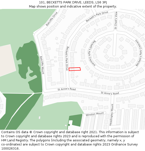101, BECKETTS PARK DRIVE, LEEDS, LS6 3PJ: Location map and indicative extent of plot