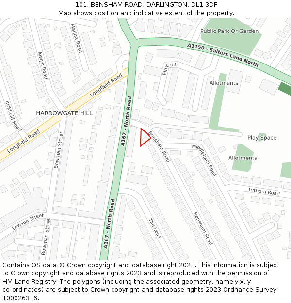 101, BENSHAM ROAD, DARLINGTON, DL1 3DF: Location map and indicative extent of plot