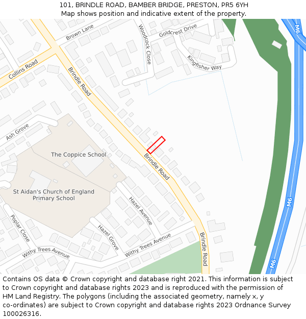101, BRINDLE ROAD, BAMBER BRIDGE, PRESTON, PR5 6YH: Location map and indicative extent of plot