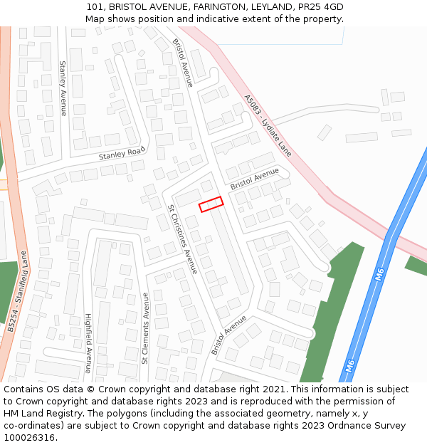101, BRISTOL AVENUE, FARINGTON, LEYLAND, PR25 4GD: Location map and indicative extent of plot