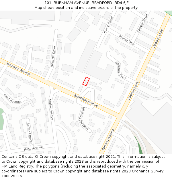 101, BURNHAM AVENUE, BRADFORD, BD4 6JE: Location map and indicative extent of plot