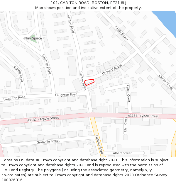 101, CARLTON ROAD, BOSTON, PE21 8LJ: Location map and indicative extent of plot