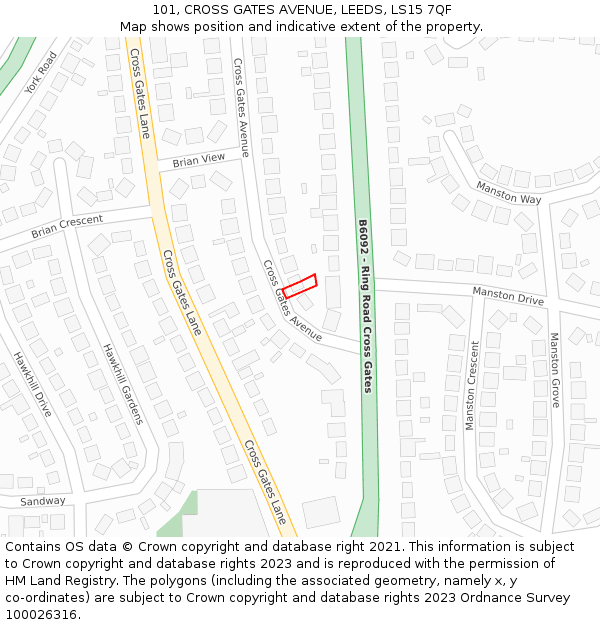 101, CROSS GATES AVENUE, LEEDS, LS15 7QF: Location map and indicative extent of plot