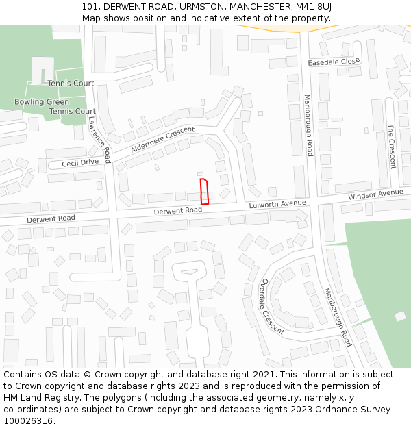 101, DERWENT ROAD, URMSTON, MANCHESTER, M41 8UJ: Location map and indicative extent of plot