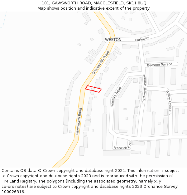 101, GAWSWORTH ROAD, MACCLESFIELD, SK11 8UQ: Location map and indicative extent of plot