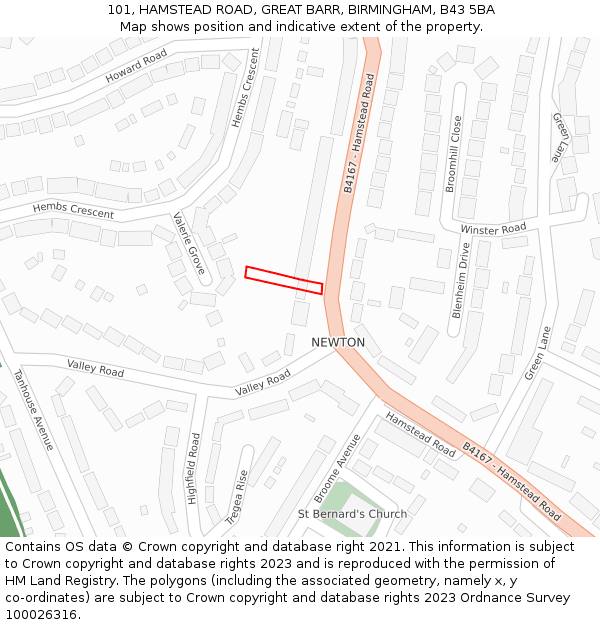 101, HAMSTEAD ROAD, GREAT BARR, BIRMINGHAM, B43 5BA: Location map and indicative extent of plot