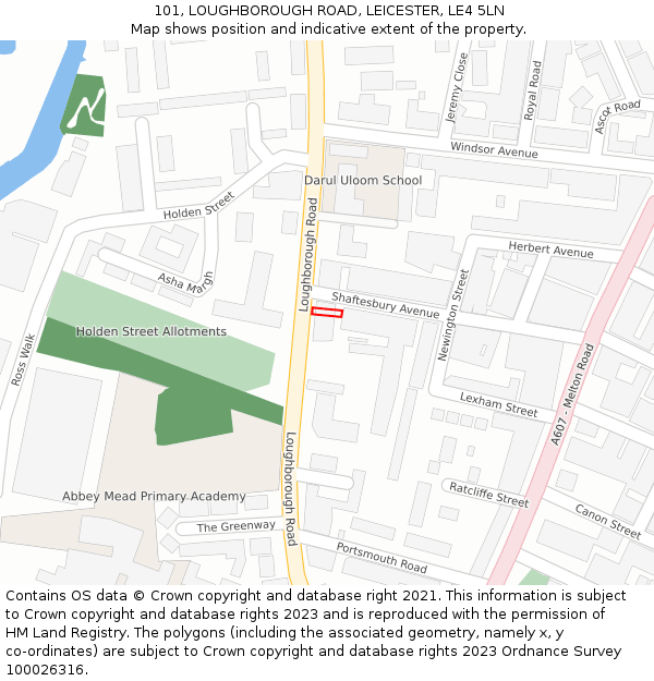 101, LOUGHBOROUGH ROAD, LEICESTER, LE4 5LN: Location map and indicative extent of plot