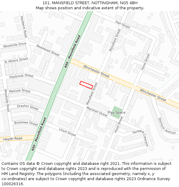 101, MANSFIELD STREET, NOTTINGHAM, NG5 4BH: Location map and indicative extent of plot