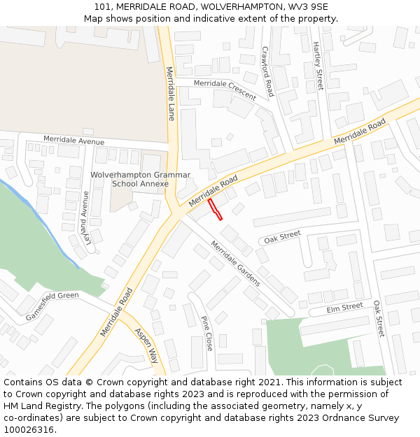 101, MERRIDALE ROAD, WOLVERHAMPTON, WV3 9SE: Location map and indicative extent of plot