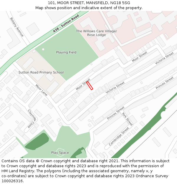 101, MOOR STREET, MANSFIELD, NG18 5SG: Location map and indicative extent of plot
