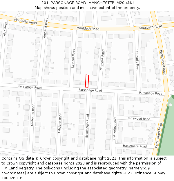 101, PARSONAGE ROAD, MANCHESTER, M20 4NU: Location map and indicative extent of plot