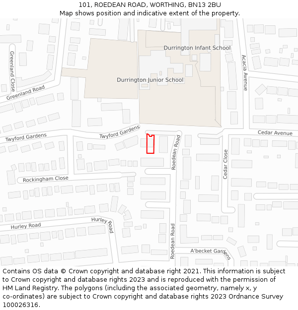 101, ROEDEAN ROAD, WORTHING, BN13 2BU: Location map and indicative extent of plot