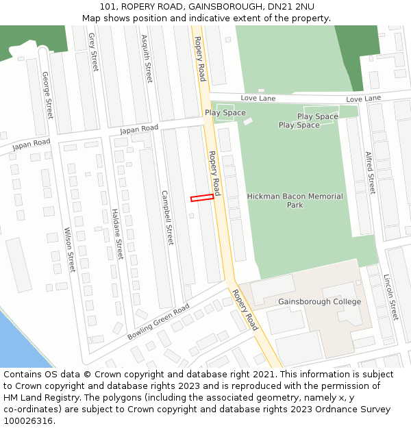 101, ROPERY ROAD, GAINSBOROUGH, DN21 2NU: Location map and indicative extent of plot