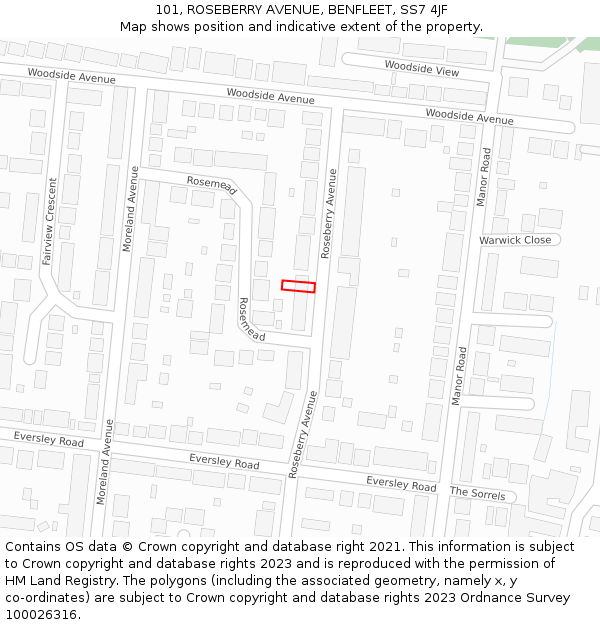 101, ROSEBERRY AVENUE, BENFLEET, SS7 4JF: Location map and indicative extent of plot