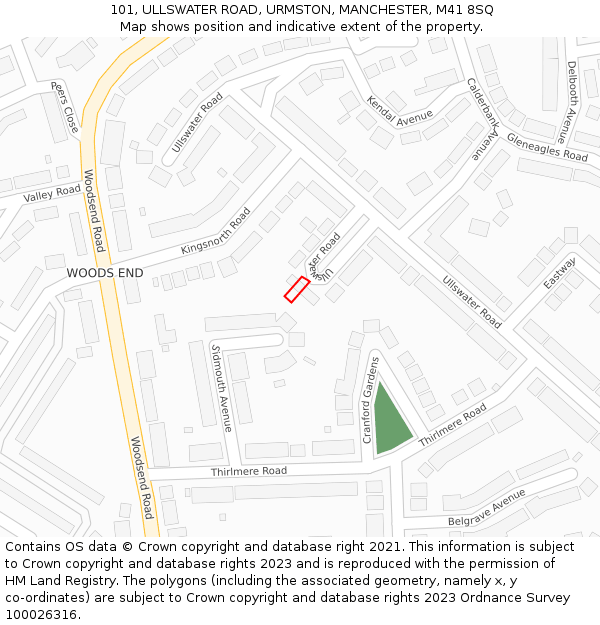 101, ULLSWATER ROAD, URMSTON, MANCHESTER, M41 8SQ: Location map and indicative extent of plot