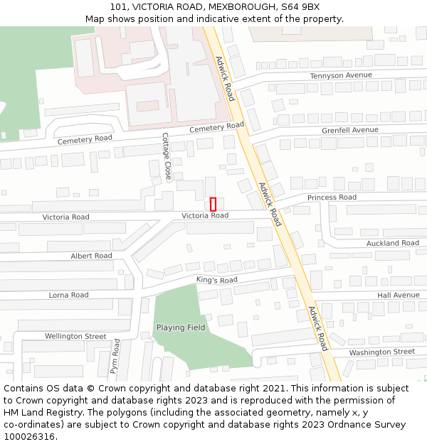 101, VICTORIA ROAD, MEXBOROUGH, S64 9BX: Location map and indicative extent of plot