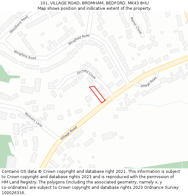 101, VILLAGE ROAD, BROMHAM, BEDFORD, MK43 8HU: Location map and indicative extent of plot