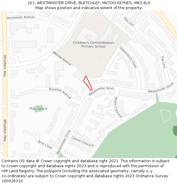 101, WESTMINSTER DRIVE, BLETCHLEY, MILTON KEYNES, MK3 6LX: Location map and indicative extent of plot