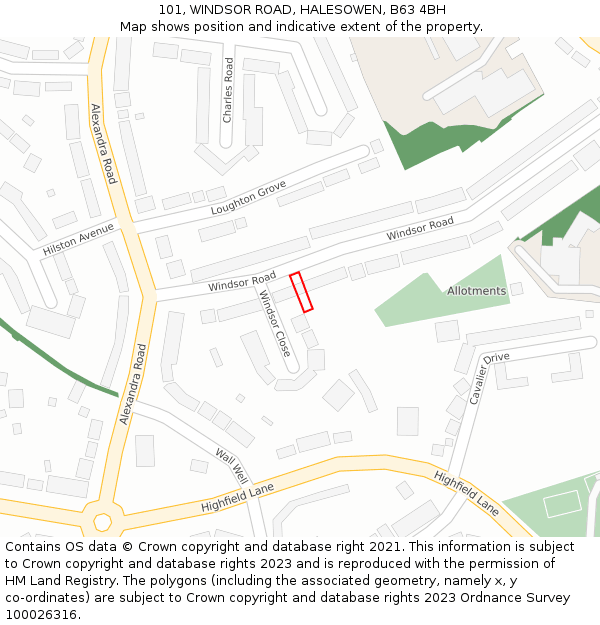 101, WINDSOR ROAD, HALESOWEN, B63 4BH: Location map and indicative extent of plot