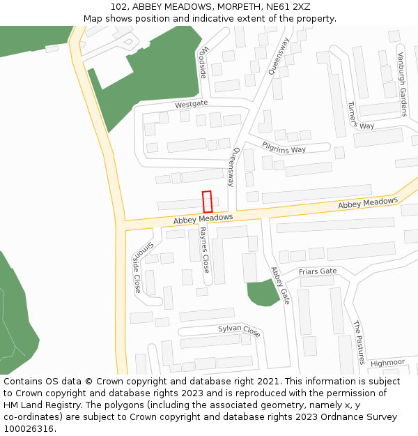 102, ABBEY MEADOWS, MORPETH, NE61 2XZ: Location map and indicative extent of plot