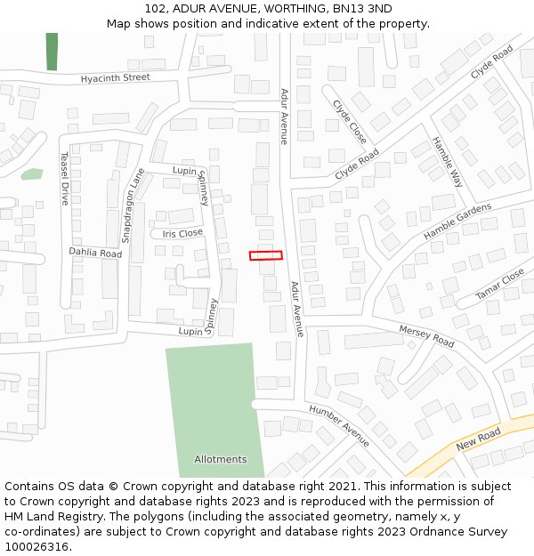 102, ADUR AVENUE, WORTHING, BN13 3ND: Location map and indicative extent of plot