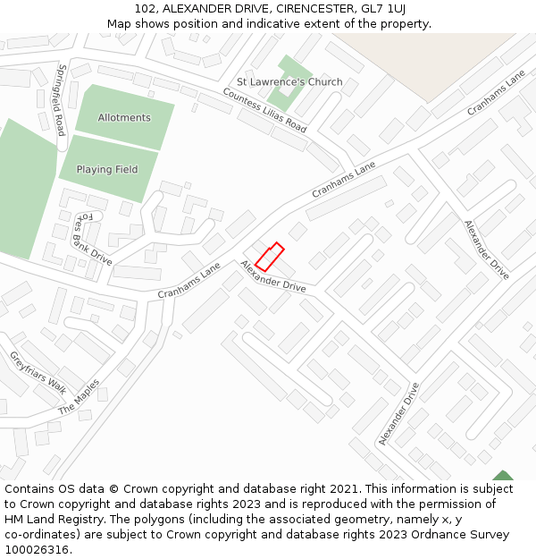 102, ALEXANDER DRIVE, CIRENCESTER, GL7 1UJ: Location map and indicative extent of plot