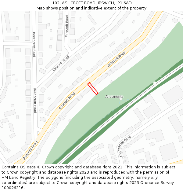 102, ASHCROFT ROAD, IPSWICH, IP1 6AD: Location map and indicative extent of plot